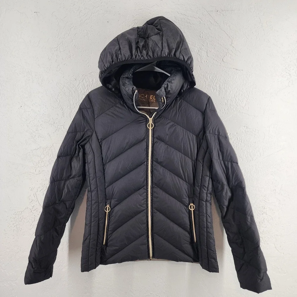 Michael Kors Black Packable Down Puffer Hooded Jacket Chevron Quilted Womens S